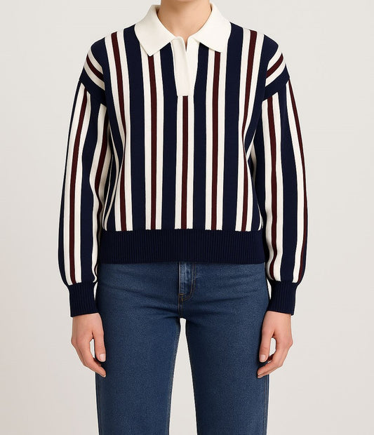 Kadın Şık Şeritli Polo Yaka Kazak